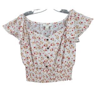 Monteau Crop Top Womens Medium Floral Smocked Waist Flutter Sleeve Boho Stretch